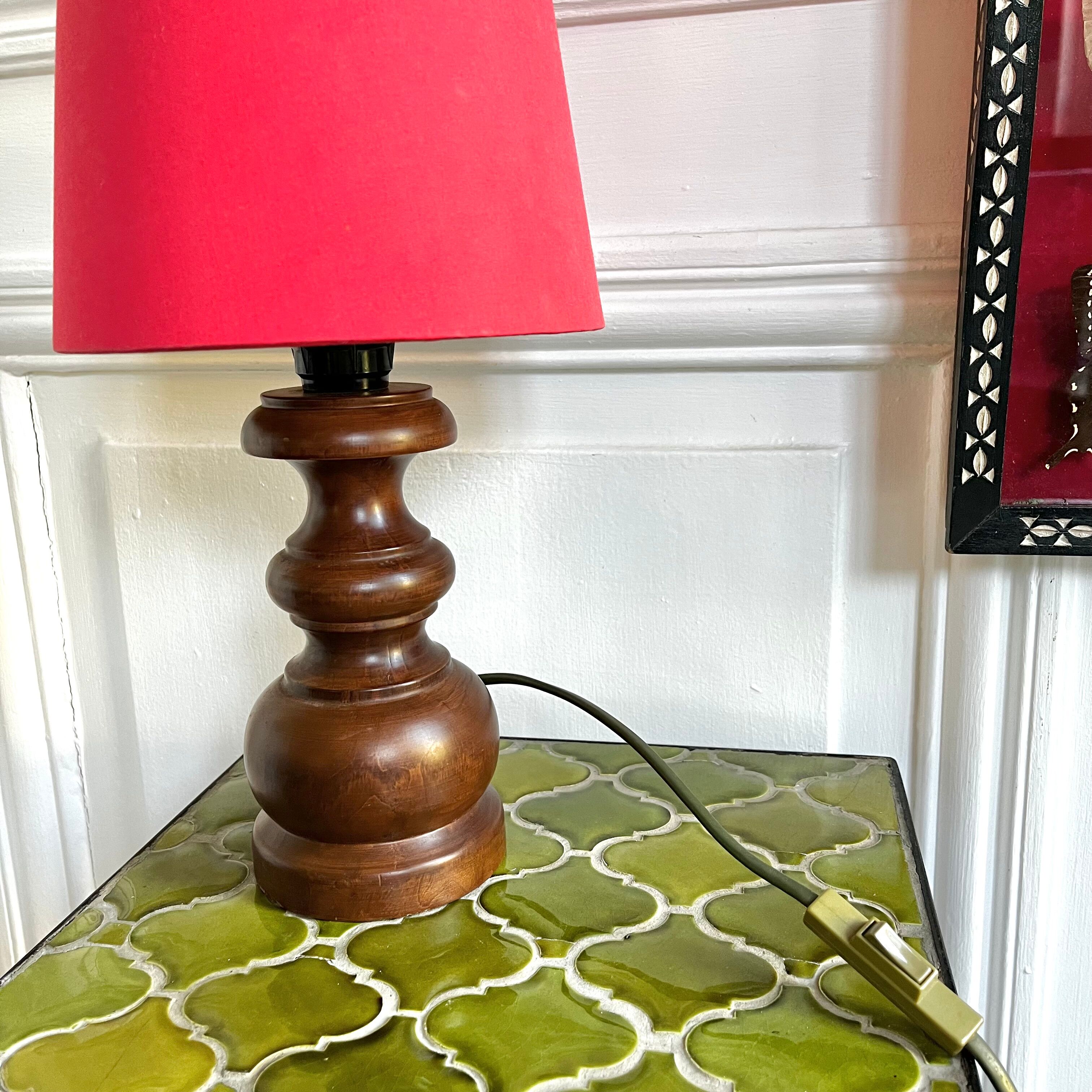 Turned wood lamp with vintage cone shade