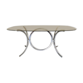 Table ovale chrome et verre fumé 1970