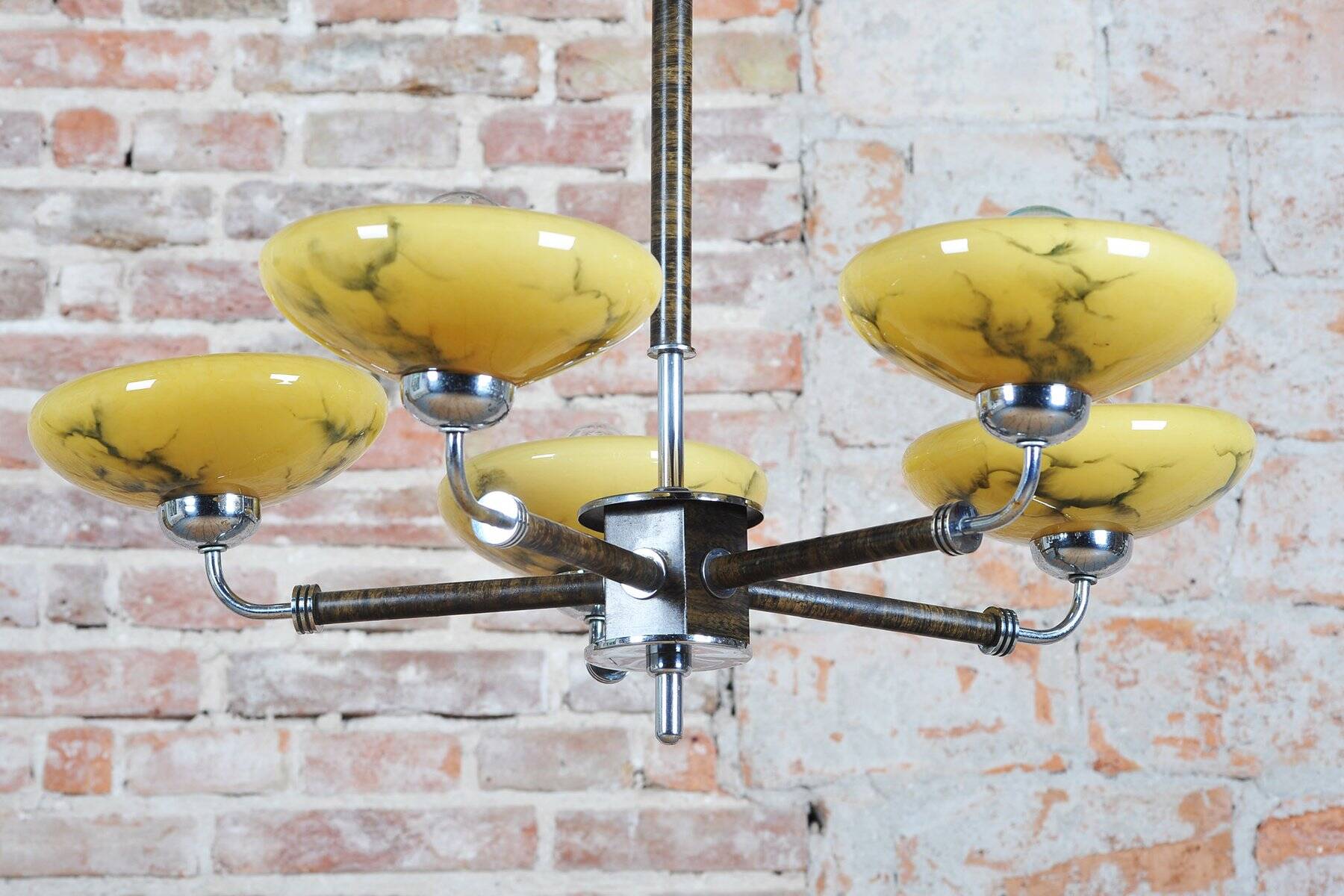 Art Deco Chandelier in Chrome, Beech, Walnut and Glass, Czech, 1920s
