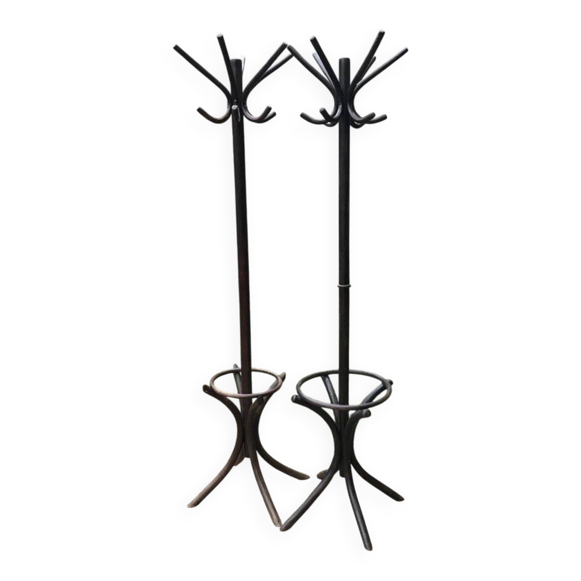 Paire de portants Thonet hongrois en bois marron, 1930s — élancés avec porte-parapluie
