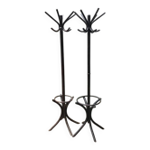 Pair of Hungarian Thonet coat stands in brown wood, 1930s — slender with umbrella holder.