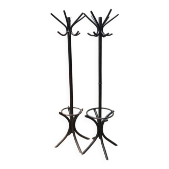 Pair of Hungarian Thonet coat stands in brown wood, 1930s — slender with umbrella holder.
