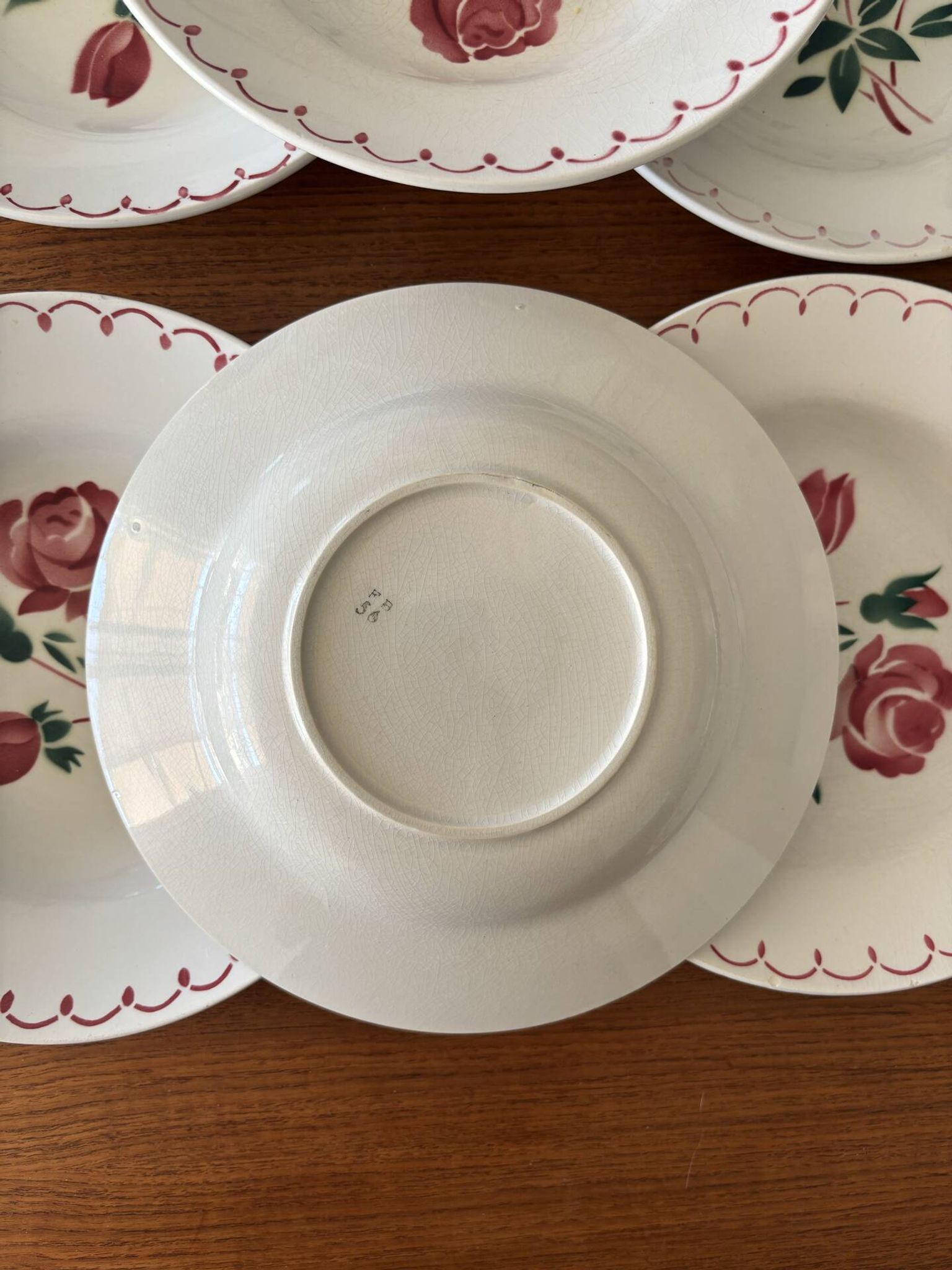 Set of 6 antique deep plates in earthenware • Red rose decoration
