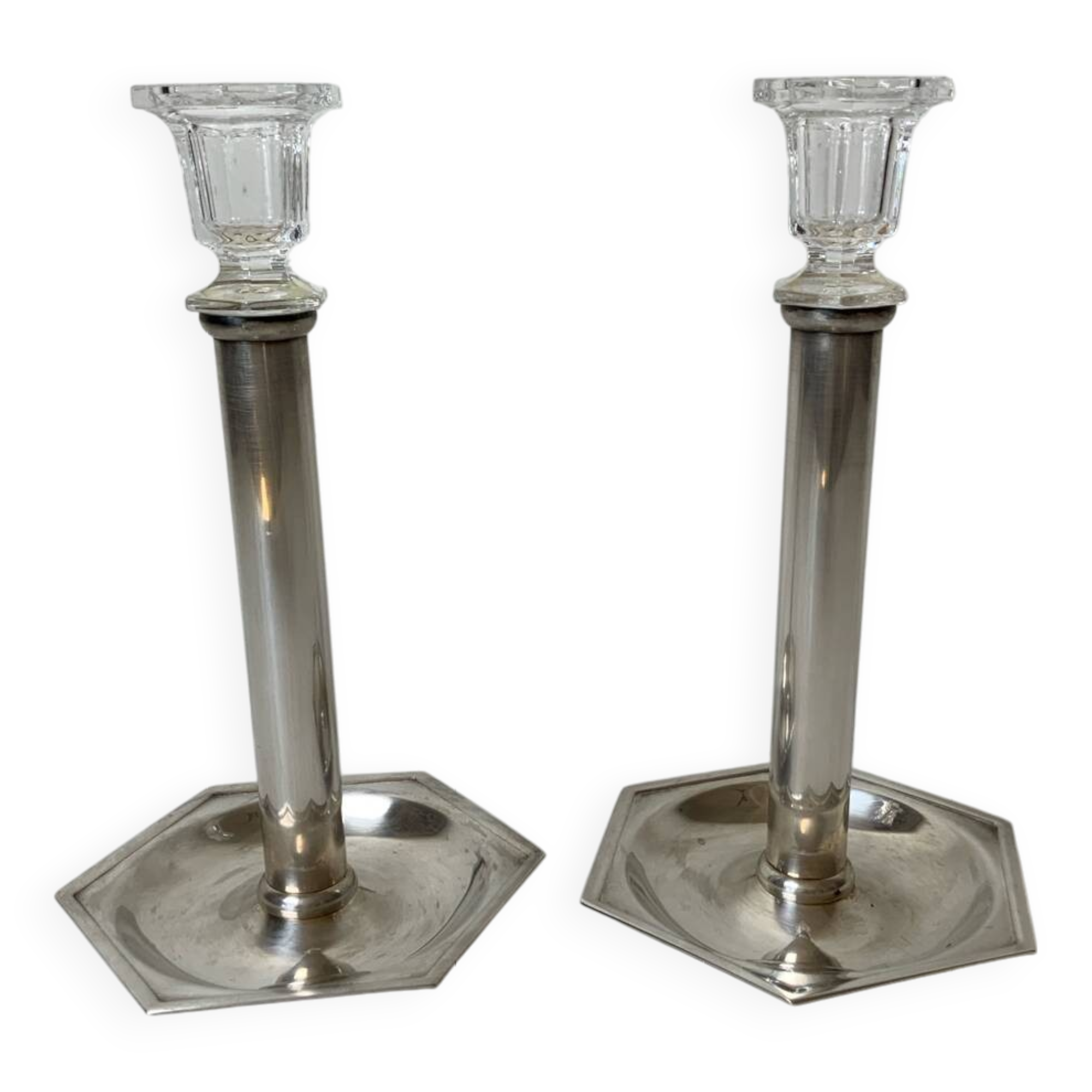 Pair of silver-plated metal candlesticks