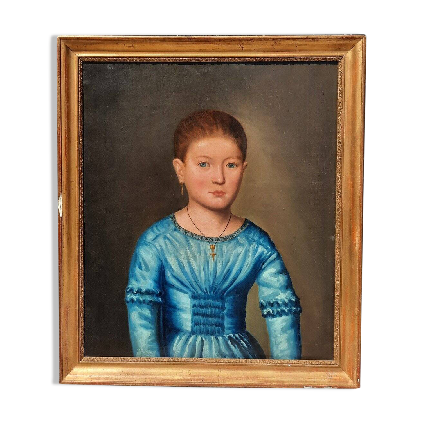 Peinture à l'huile de portrait victorien de la fin du XIXe siècle représentant une jeune fille, encadrée