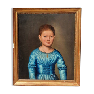 Peinture à l'huile de portrait victorien de la fin du XIXe siècle représentant une jeune fille, encadrée