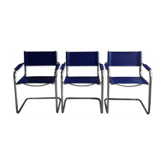 3 armchairs blue chrome tube vintage