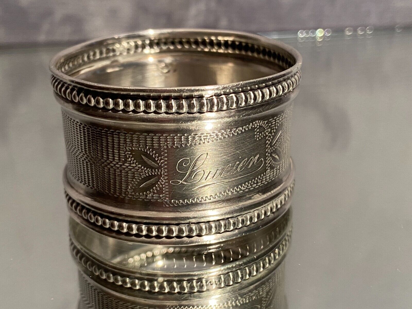 Solid silver napkin ring Minerva with Louis XVI style guilloché decoration