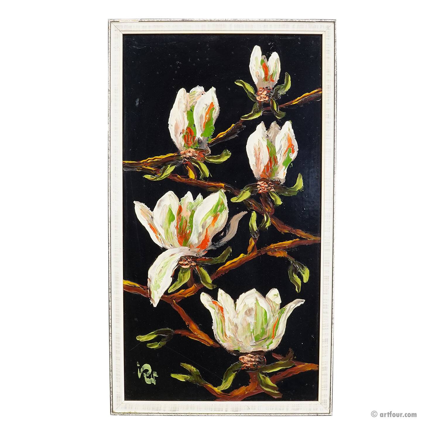 Set of five vintage flower still life paintings.