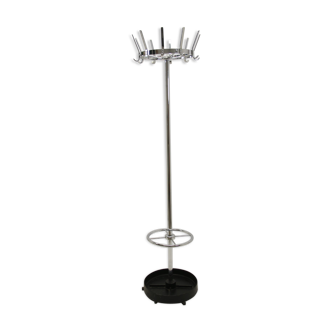 Vintage chrome standing coat rack with cast iron umbrella rack