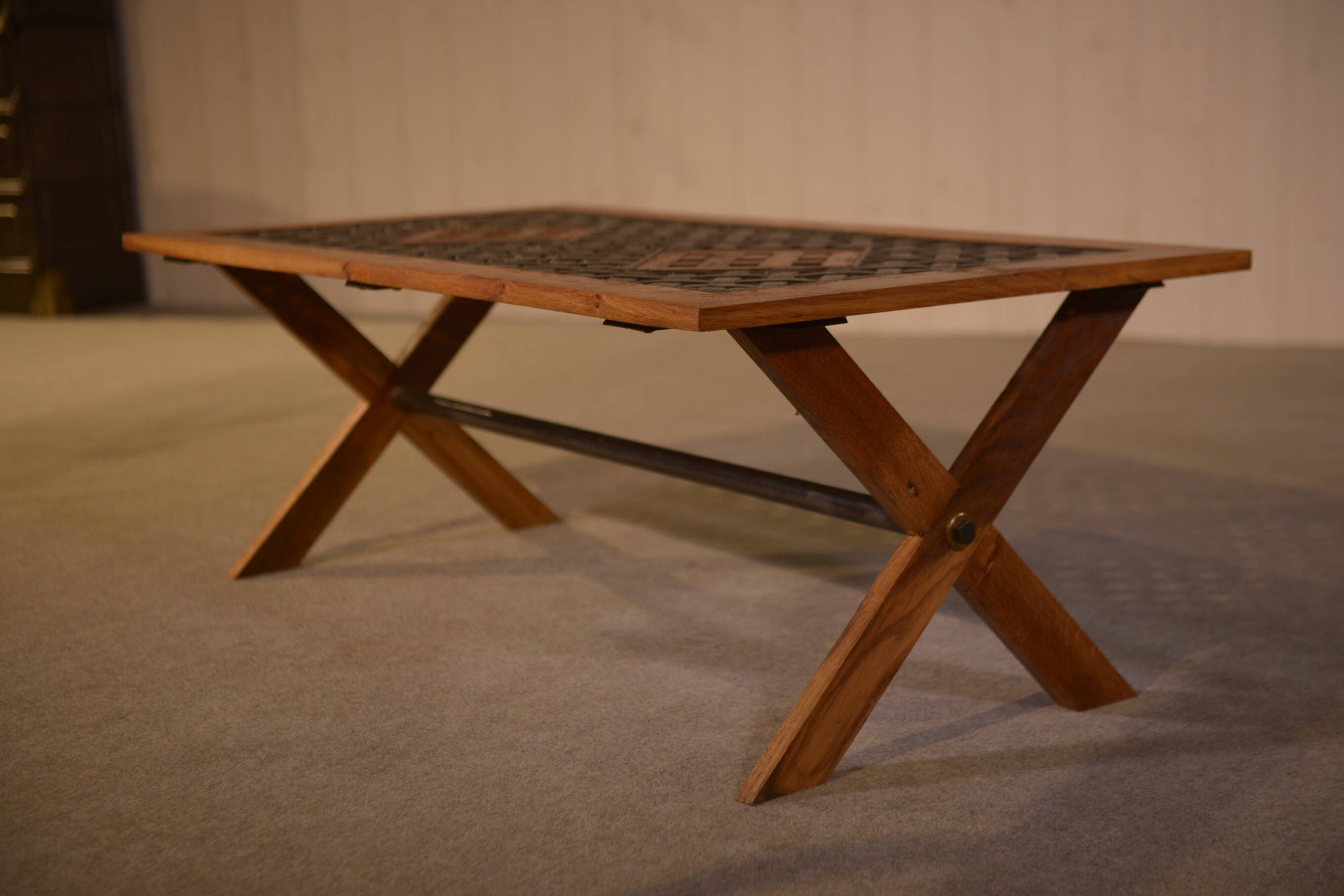 Antique oak and cast iron street furniture coffee table from the 1950s