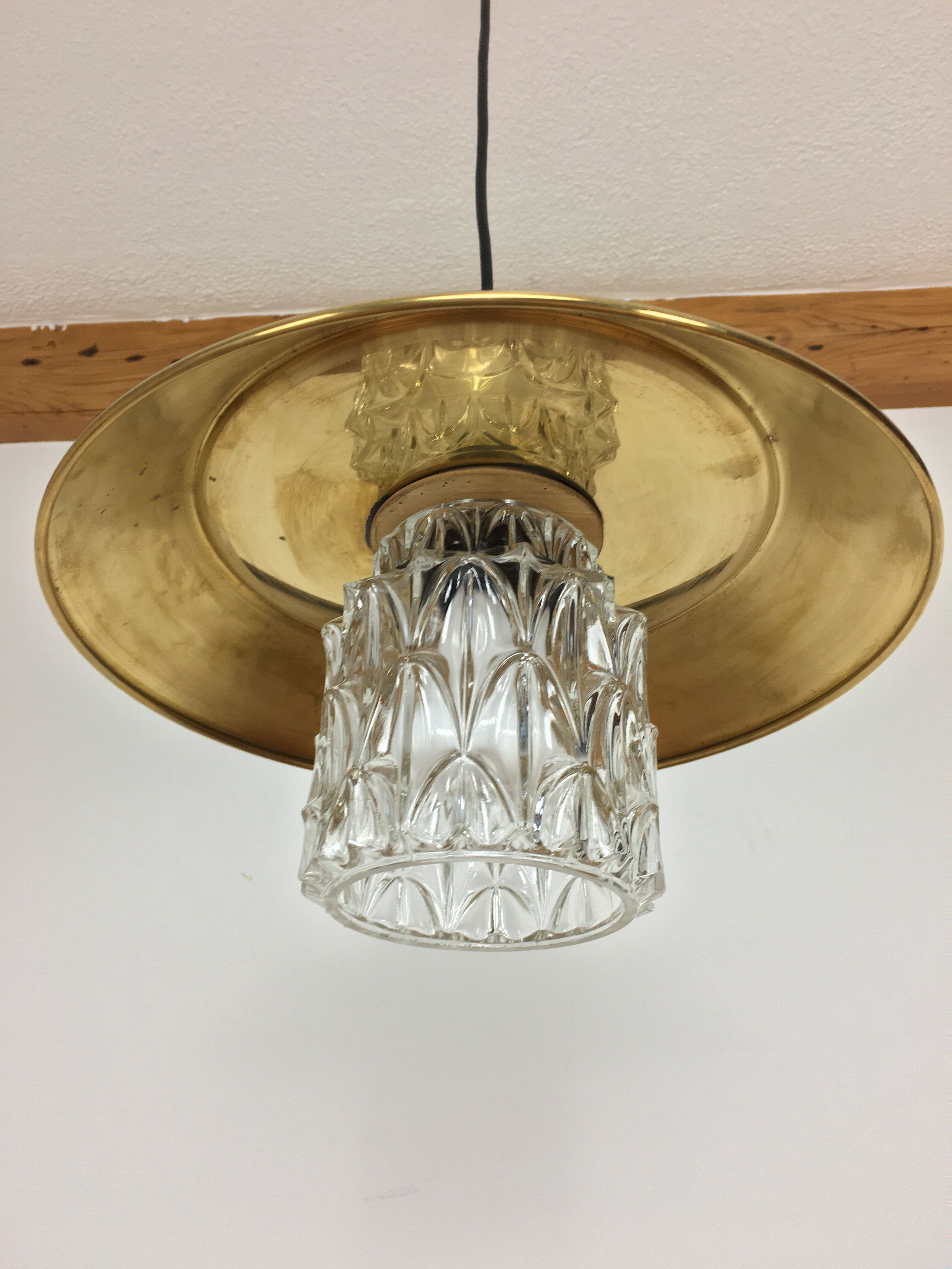Scandinavian hanging lamp, brass and glass 1950