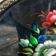 Black lacquered metal tray with multicoloured vintage Russian floral decoration.
