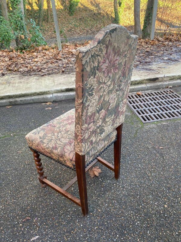 6 chaises à manger Louis XIII bois massif torsadés et tissu écru du 19ème