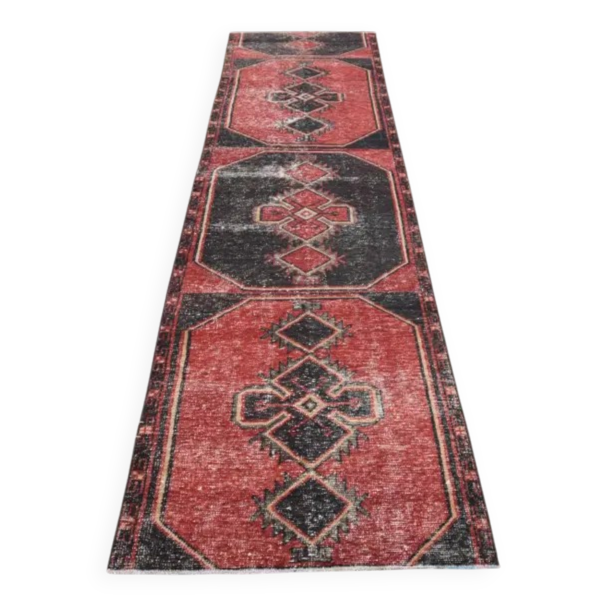 Geometric Turkish hand-knotted red distressed runner 88x321