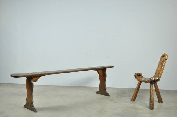 Banc de ferme français en bois antique fait main, années 1930