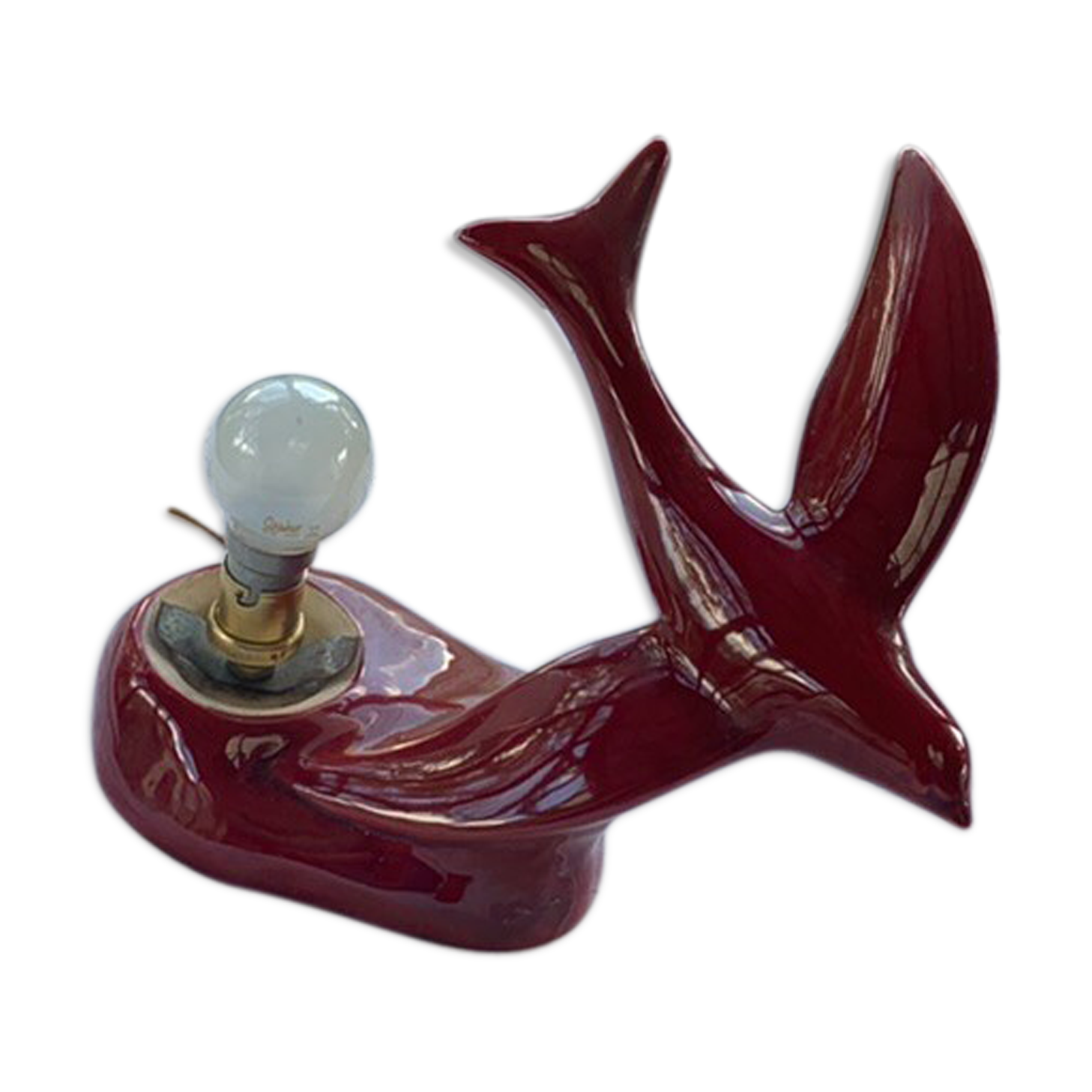 Art deco red enamelled ceramic bird table lamp