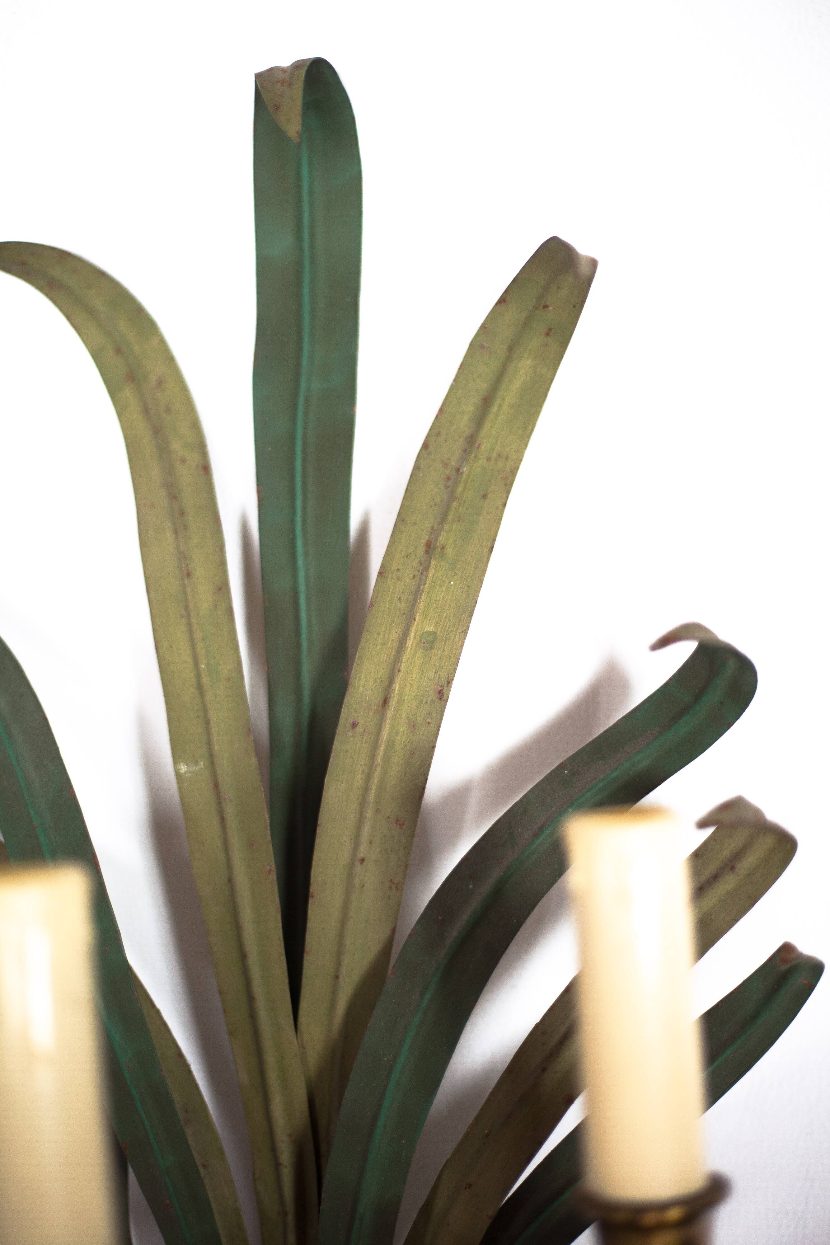 Pair of Maison Baguès wall lights with faux bamboo bronze and metal arms.