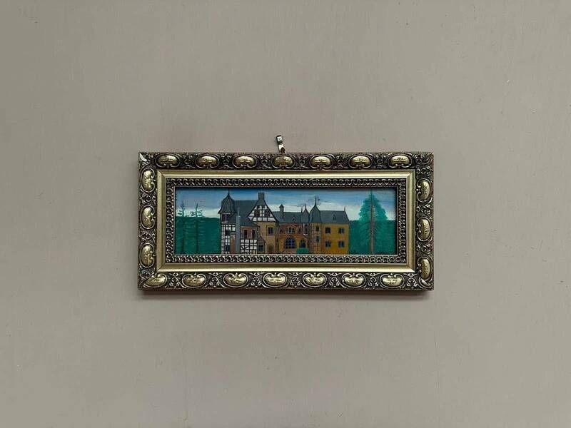 Original woodcut art “Buildings II” by unknown artist, vintage & framed 34×16cm