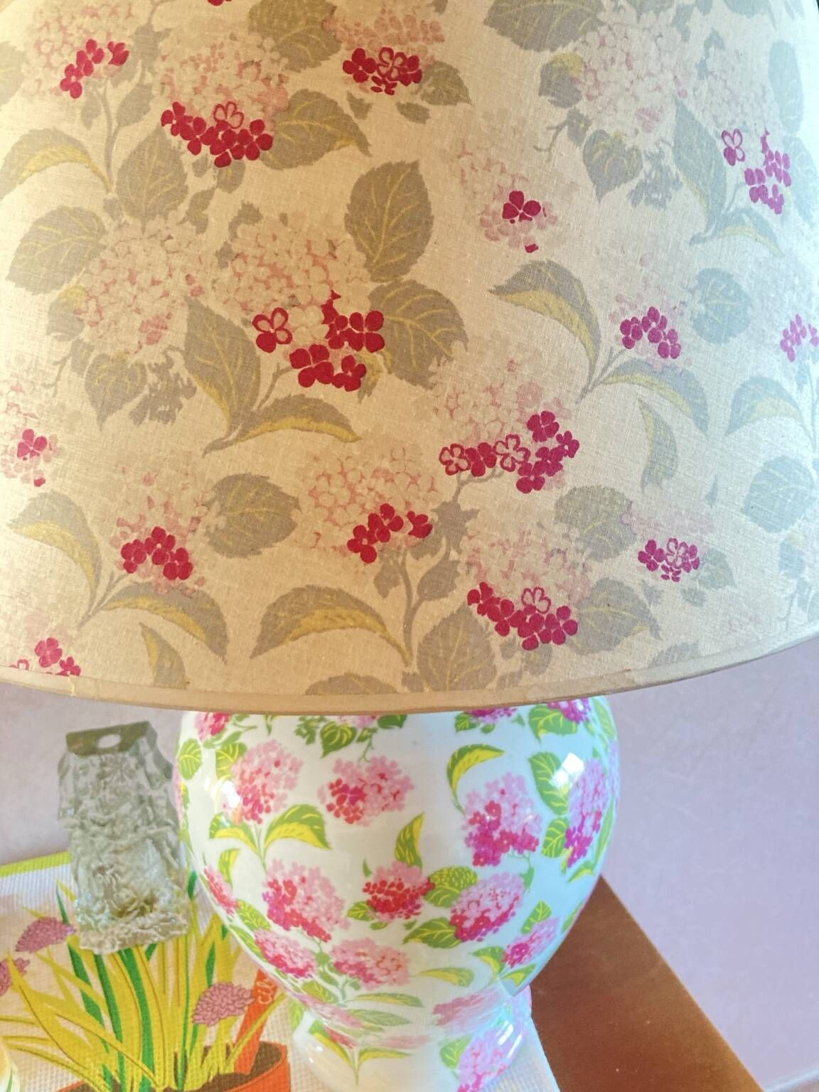 Vintage XXL lamp with pink flowers – Ceramic vase & matching lampshade
