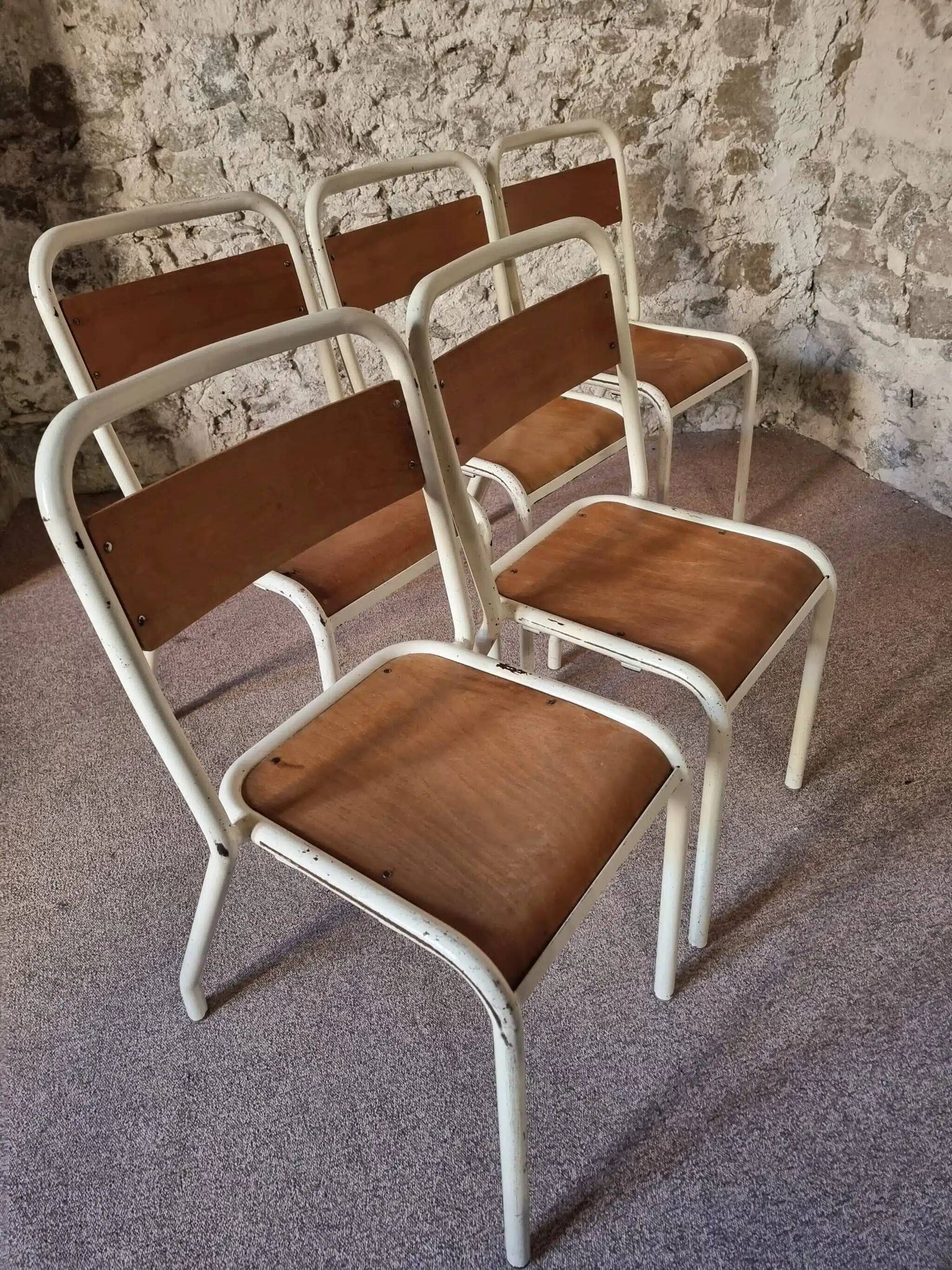 Vintage French school chairs – 1960s industrial cafe seats (set of 5)