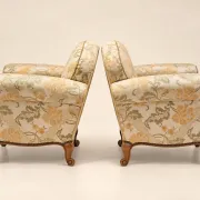 Pair of Louis XV style club armchairs – Carved wood & brocade – Early 20th century