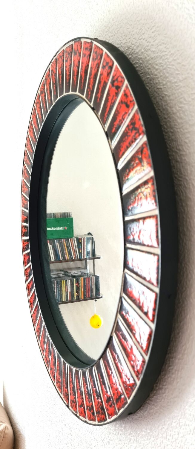 Large round ceramic mirror vintage 70s