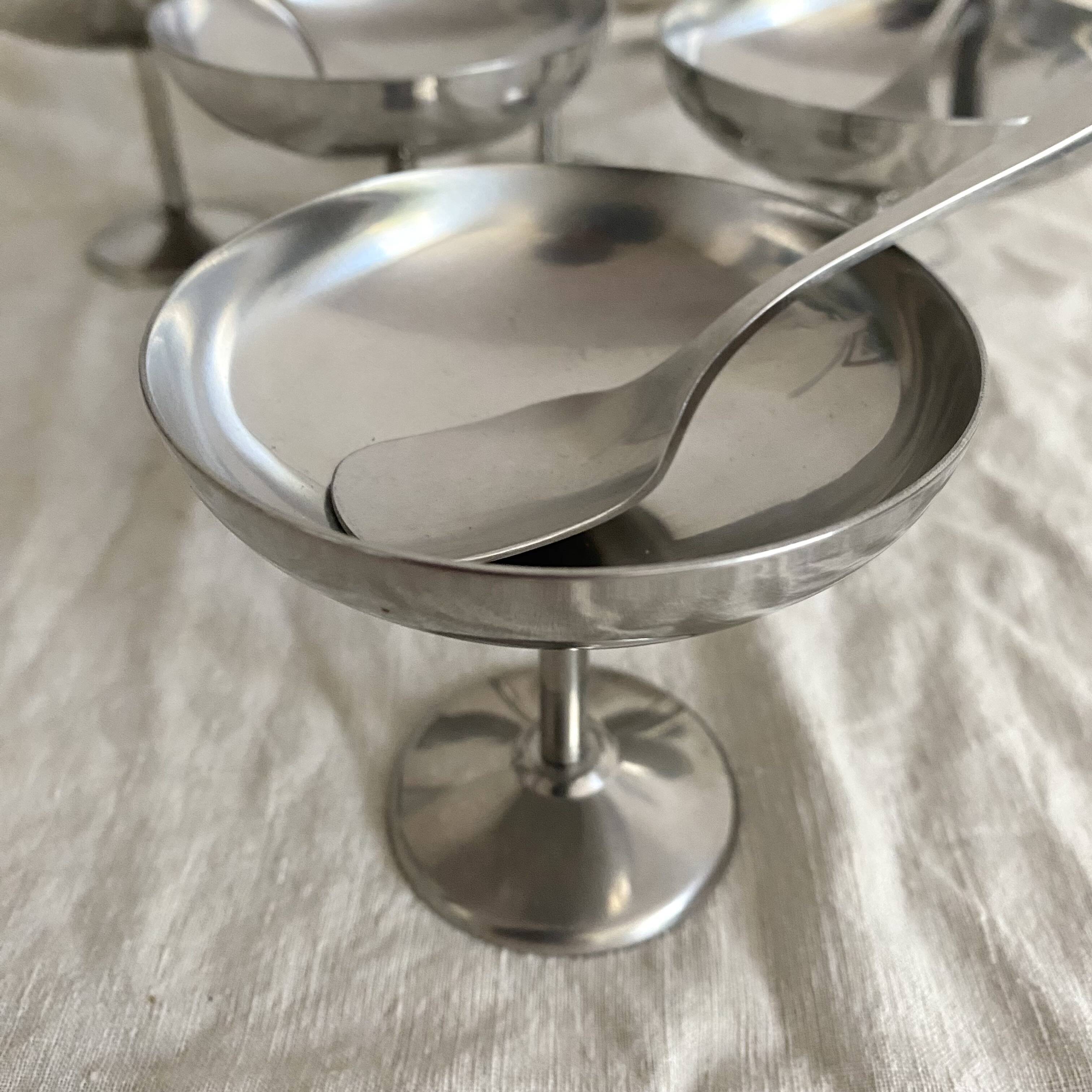 Stainless steel ice cream cups on foot with spoons