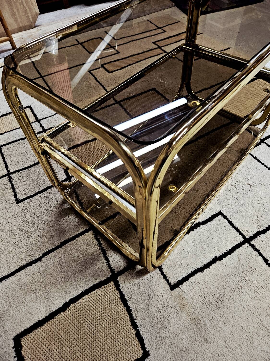 Brass coffee table with sliding top and smoked glass, 1970s vintage