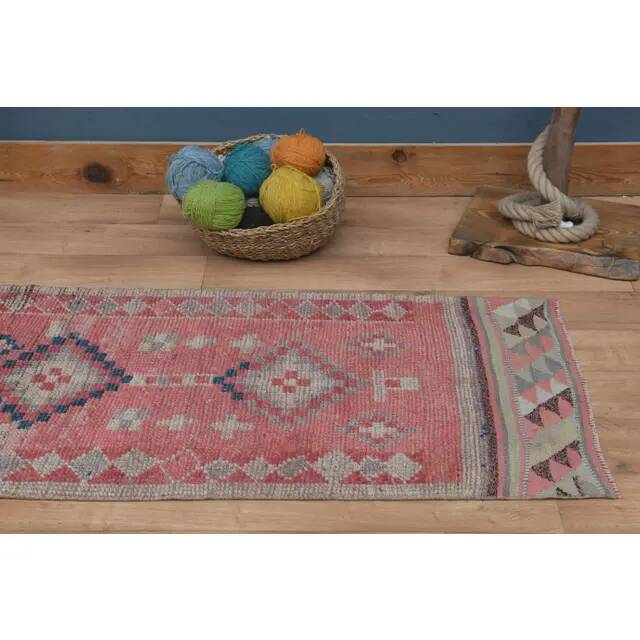 1970s Vintage Turkish Handmade Wool & Cotton Pink Runner Rug 75x318