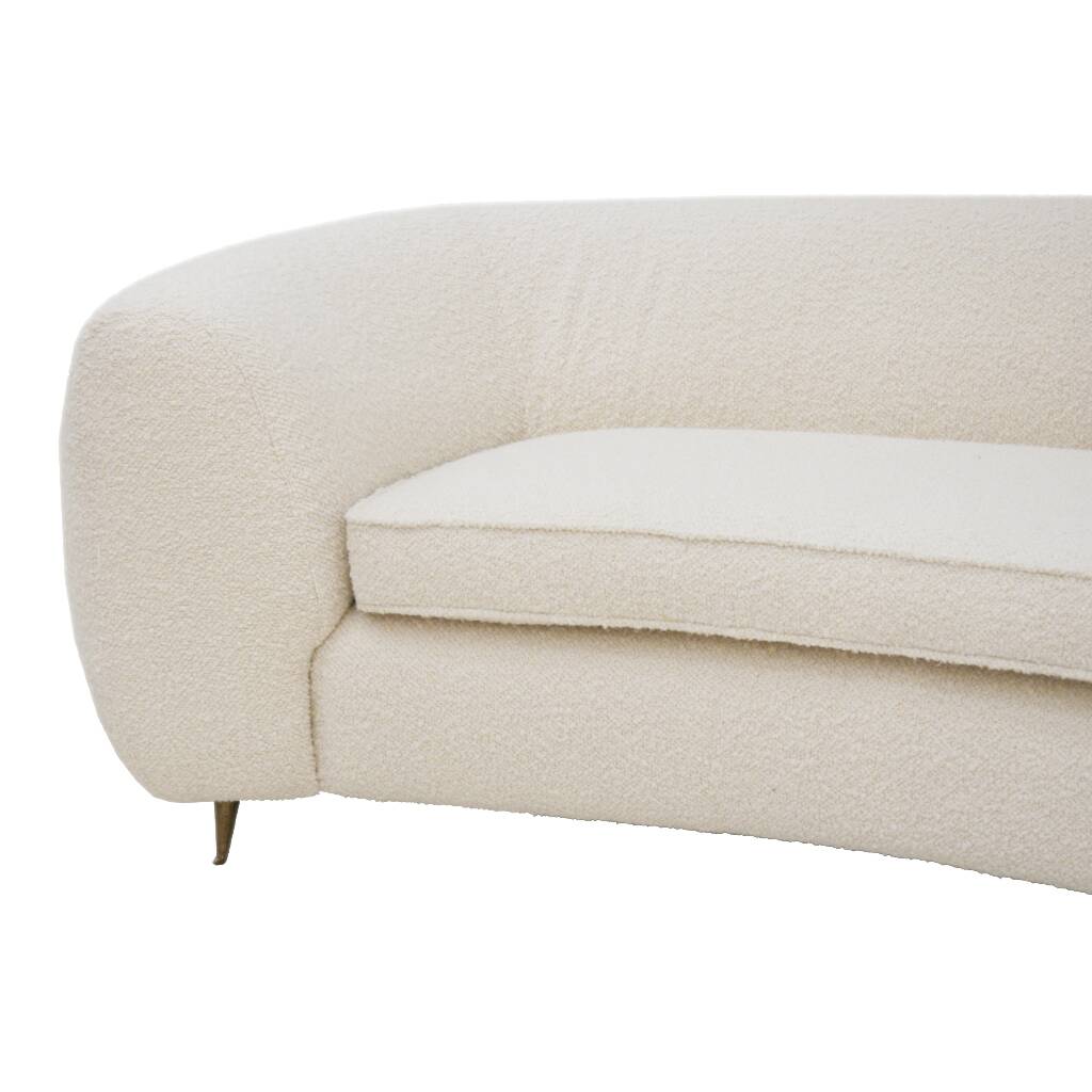 Curved Four-Seat Italian Sofa in White Bouclé Wool, Brass Legs