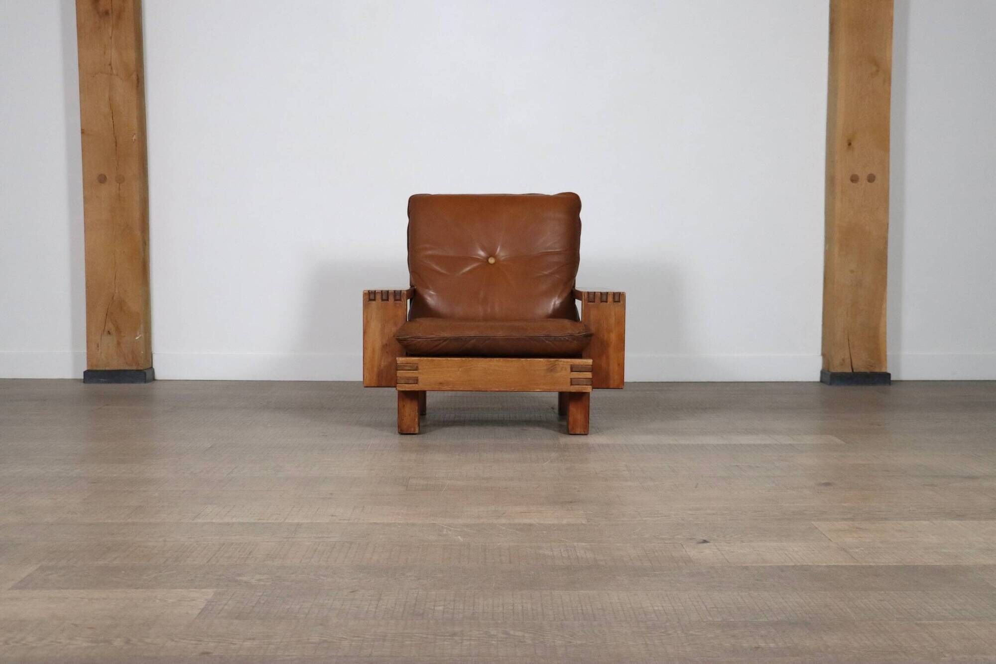 Midcentury Modern Brutalist Lounge Chair In Oak And Leather, Italy 1970s