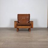 Midcentury Modern Brutalist Lounge Chair In Oak And Leather, Italy 1970s