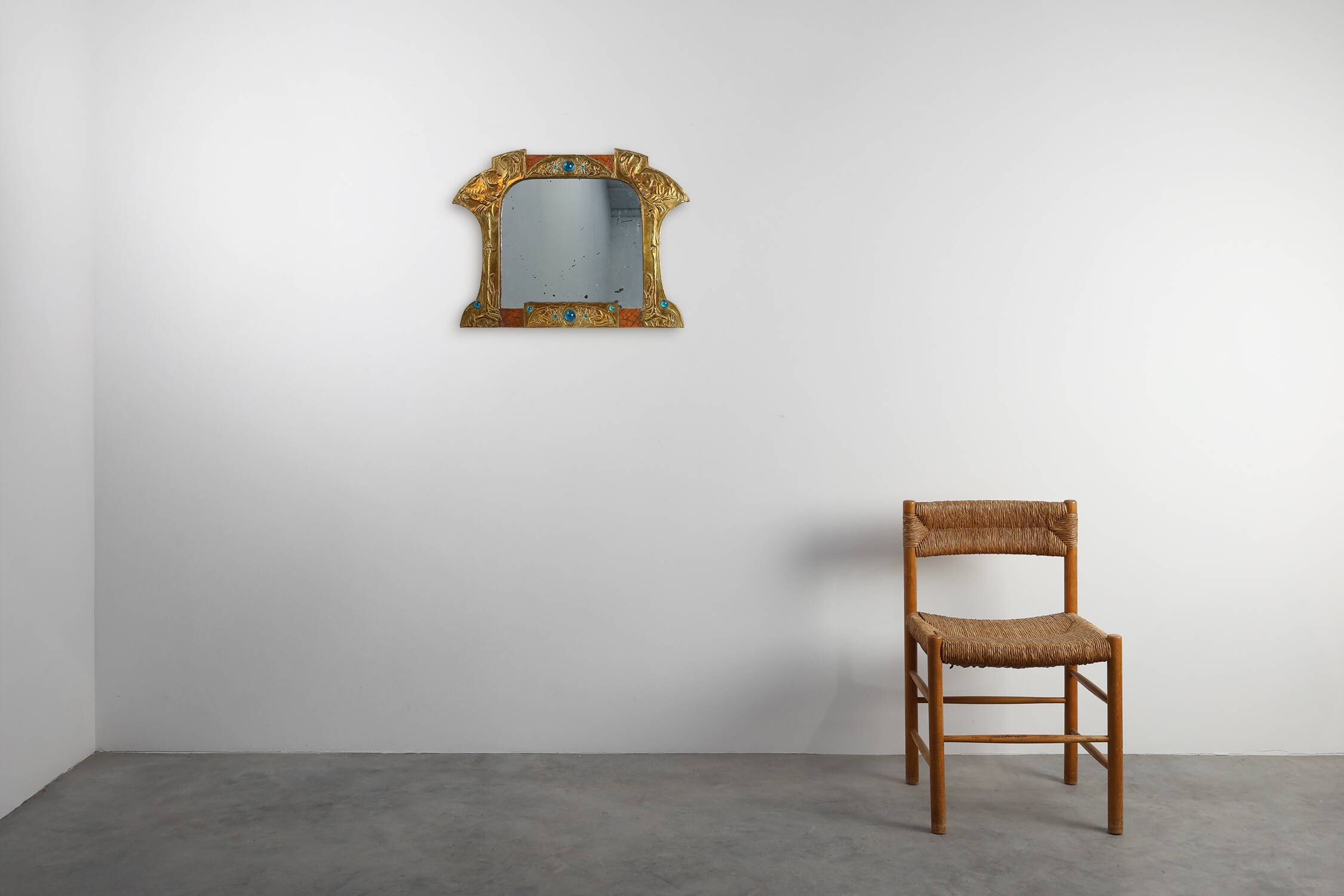 Art Nouveau Mirror in Brass and Glass Inlay, Signed A.H. Villaket, France