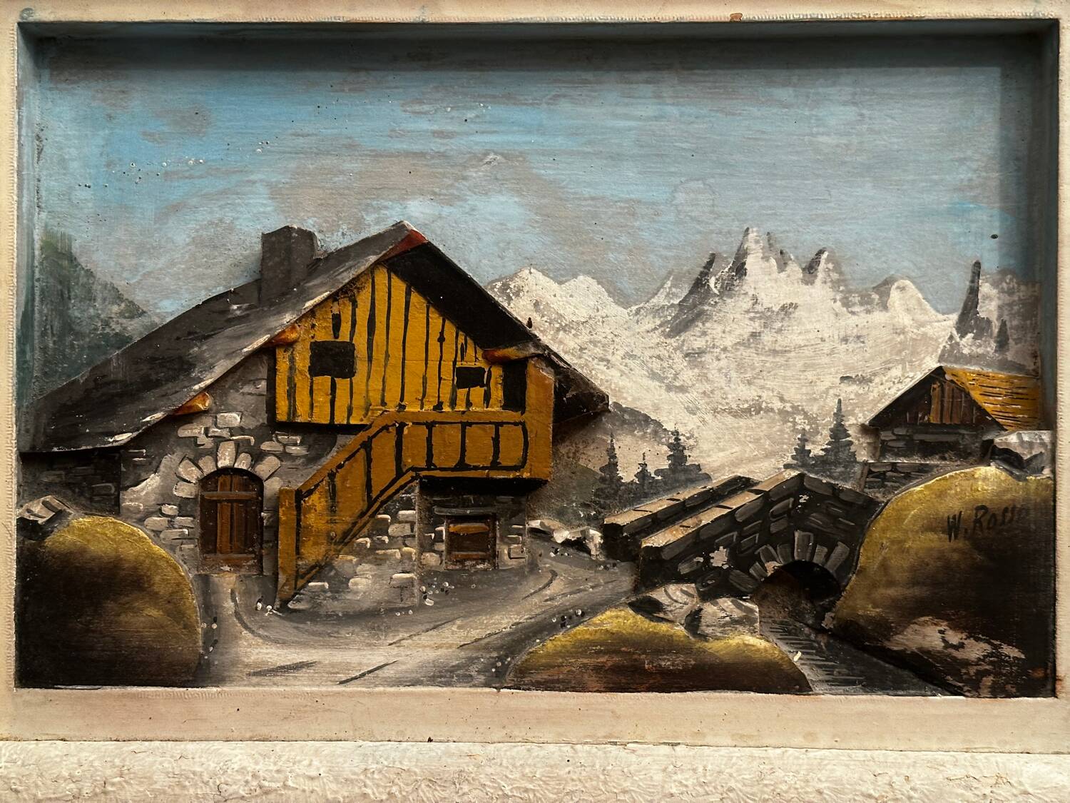 Alpine Table Vintage 1950s Carved and Painted Wood Signed W. Rosso