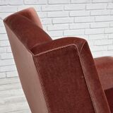 Fauteuil danois à dossier haut, années 1970, velours d'ameublement rose saumon, bois de hêtre.