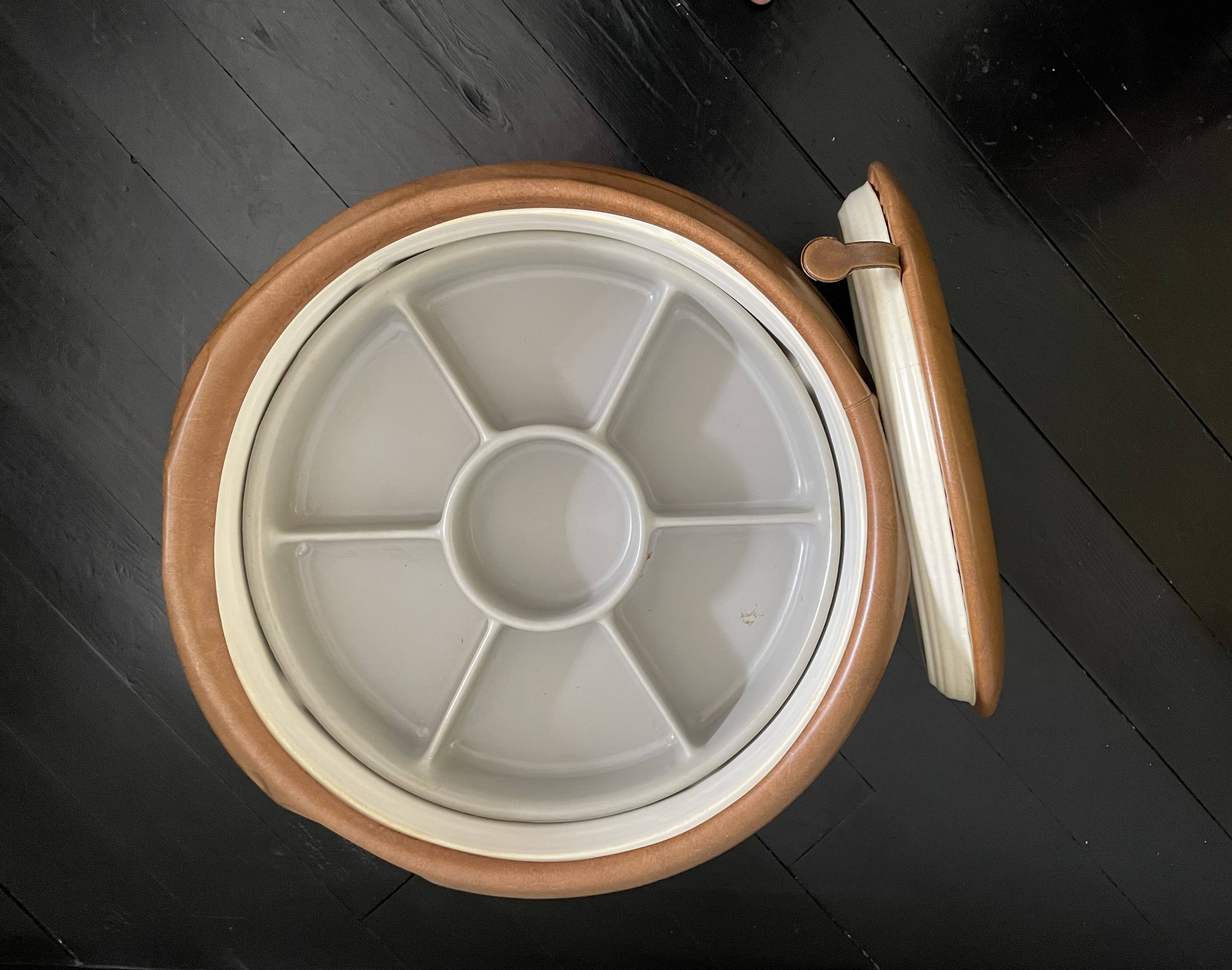 Light brown leather pouf with storage