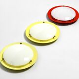 Three round 1950s wall or ceiling lamps made of metal and plexiglass shades