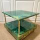 Aldo Tura side table in aqua green with brass legs and lower drawer.