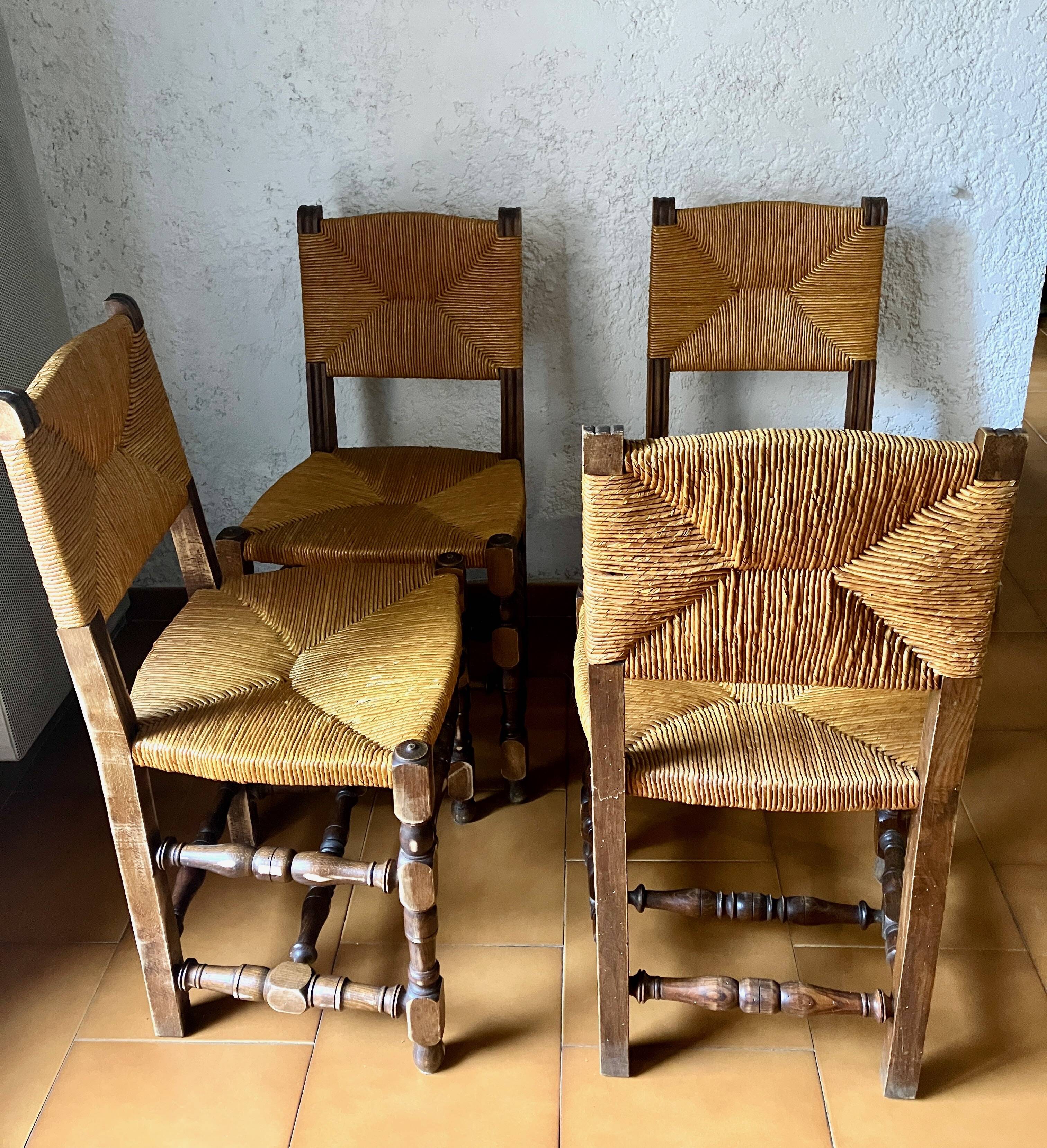 Lot de 4 Chaises en jonc et Bois