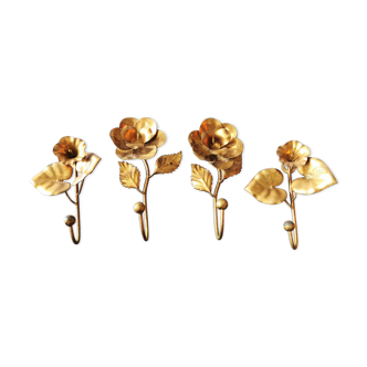 Lot de 4 patères porte manteau fleurs anciennes en laiton couleur bronze