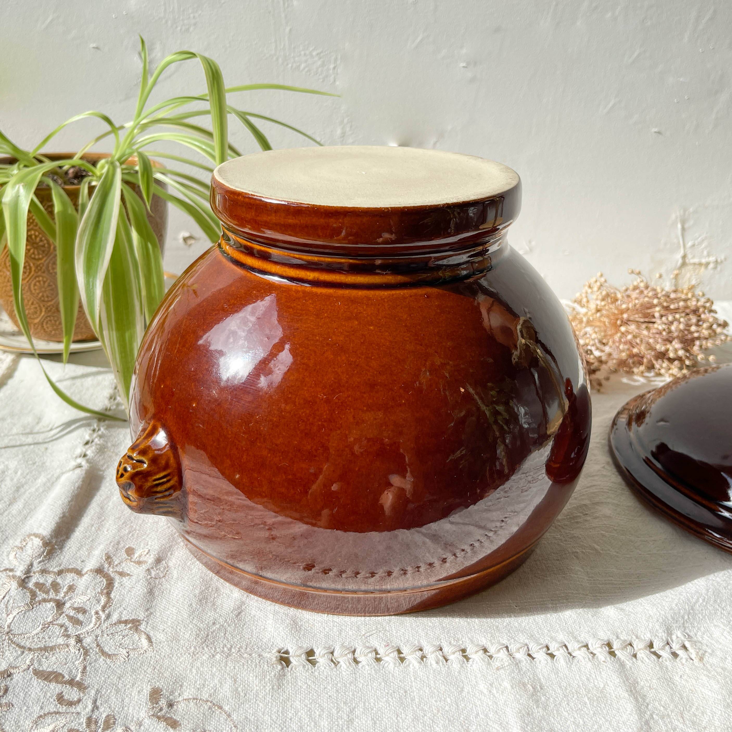 Vintage brown glazed stoneware onion soup tureen