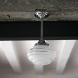 Art Deco pendant light, chrome metal suspension and glass globe, ceiling lamp.