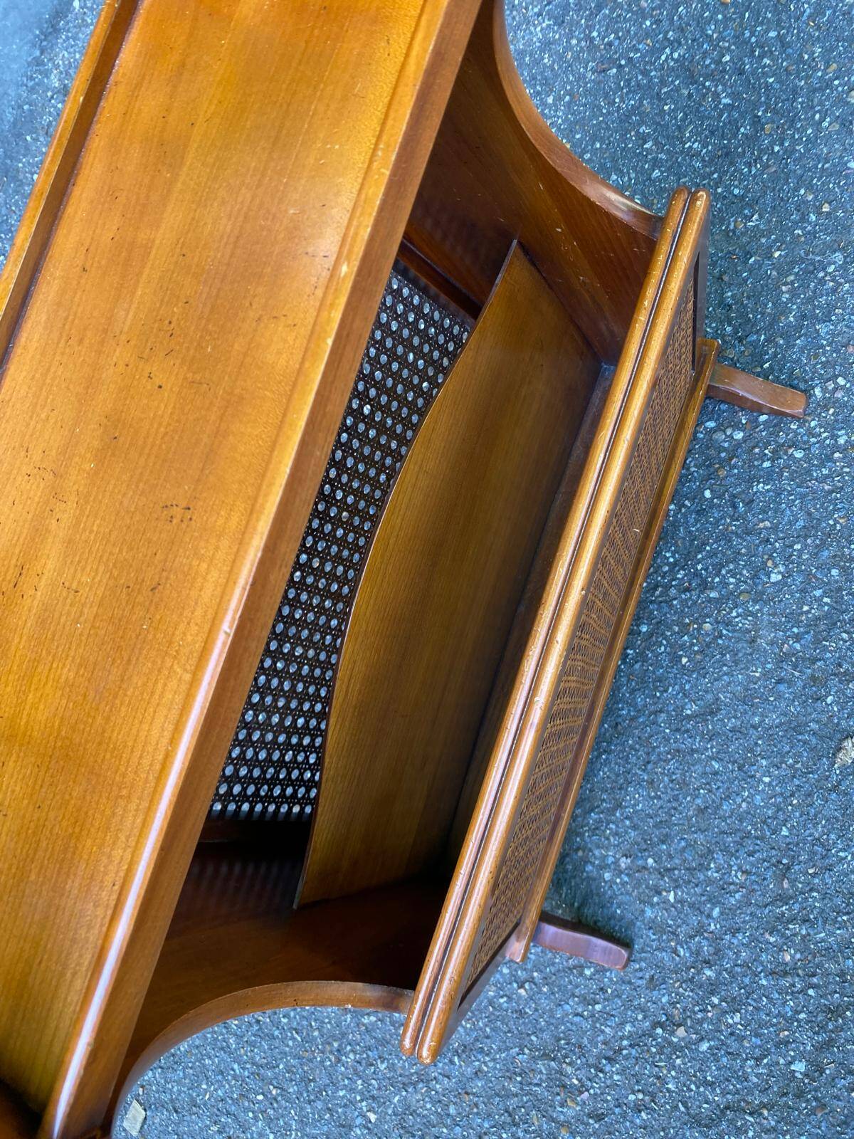 Vintage magazine rack, solid light wood document holder, caned, 1960.