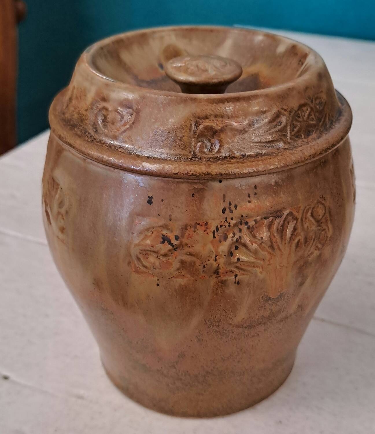 Enamelled stoneware pot signed Denbac