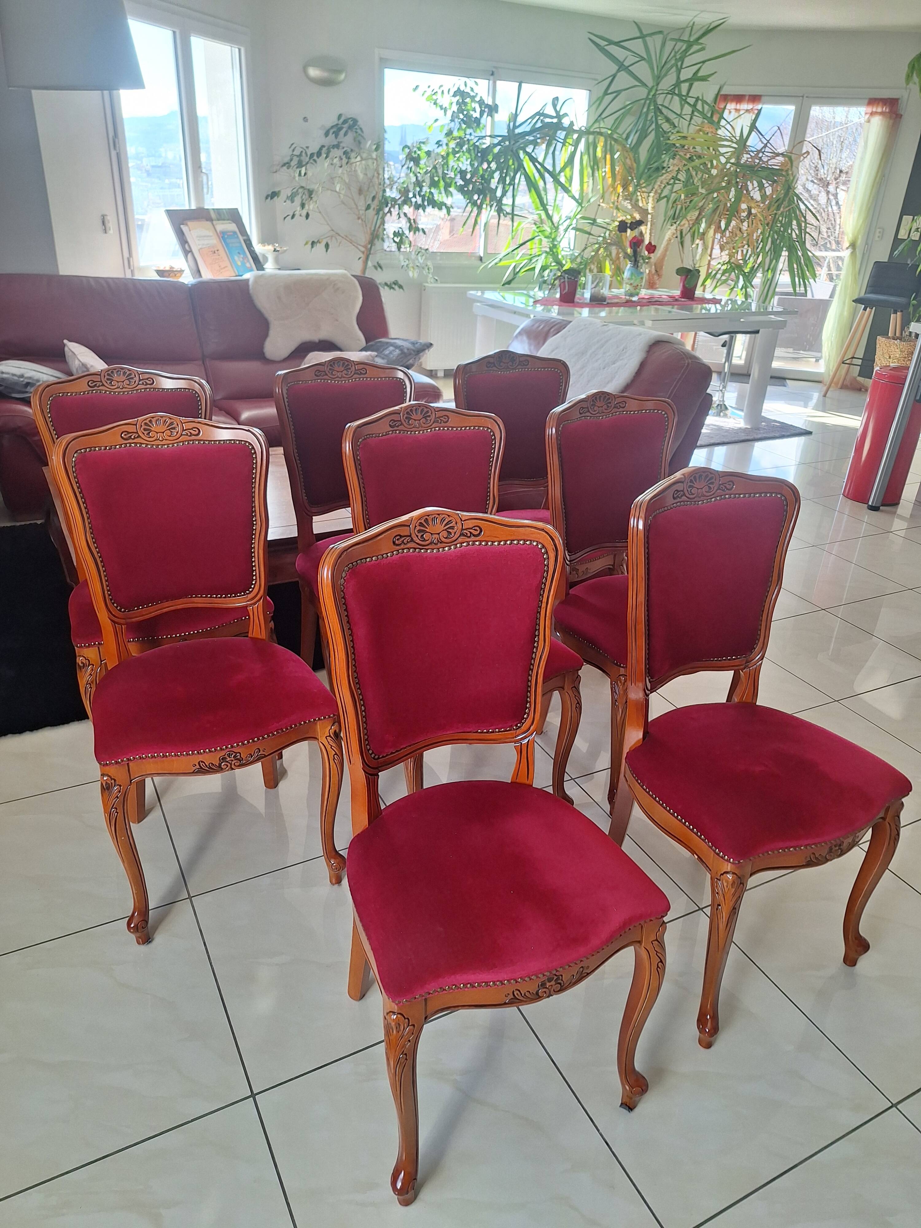 superb set of (8/10) Louis XV chairs in solid cherry with burgundy velvet