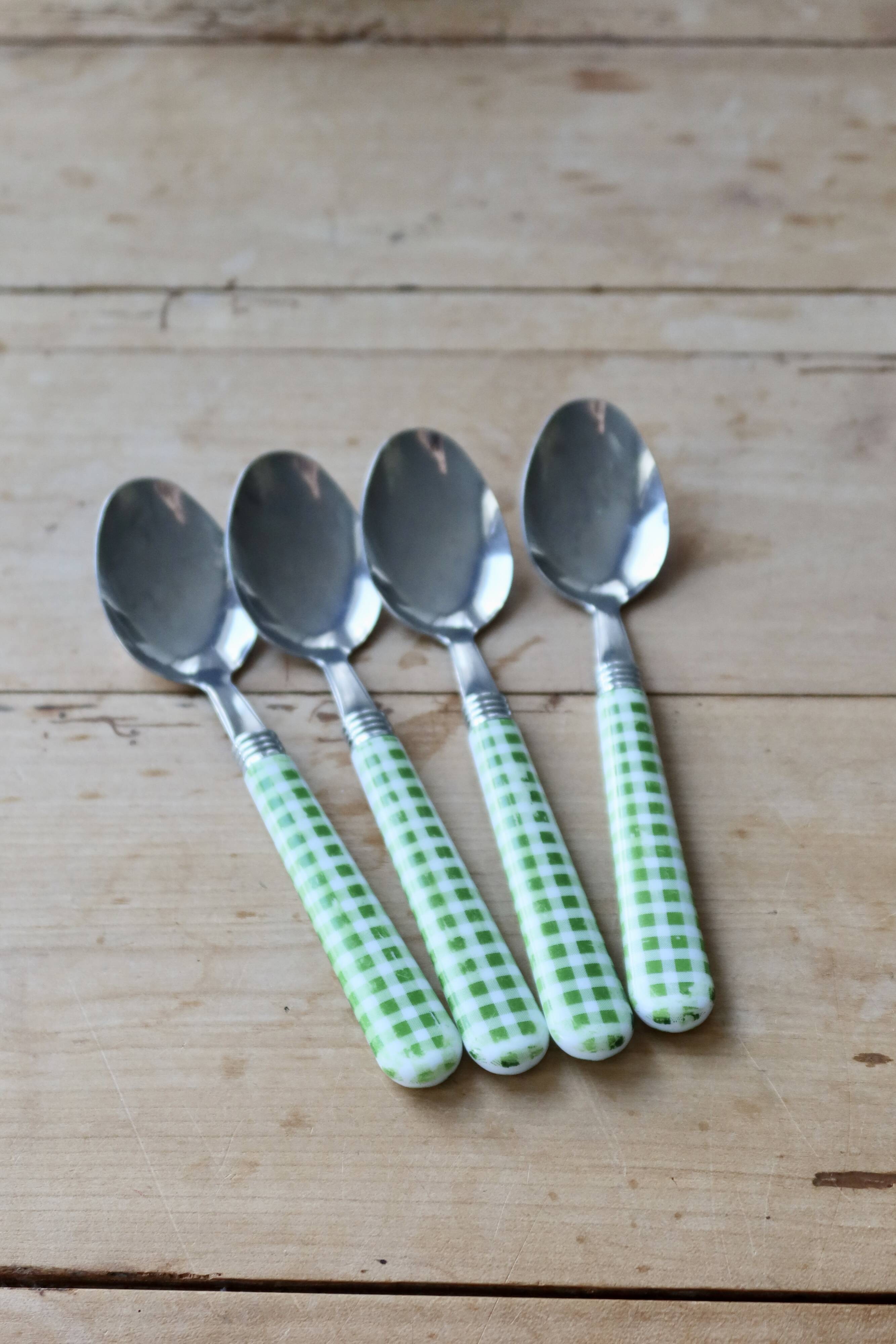 12 vintage stainless steel and green and white gingham cutlery sets
