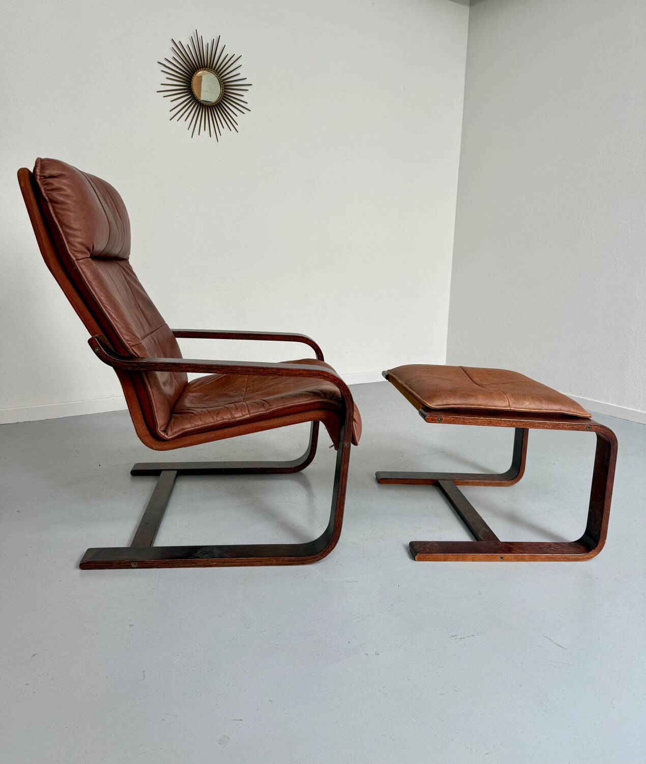 Yngve Ekström 70 Scandinavian design armchair with leather and wood ottoman