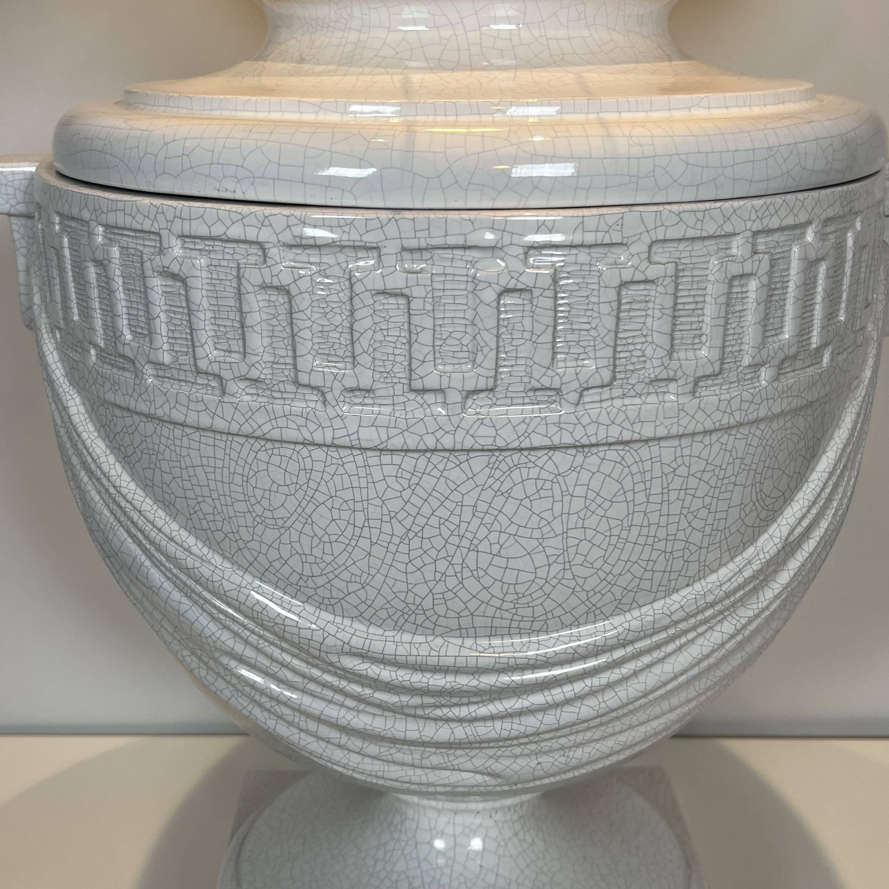 Large White Crackled Ceramic Urn Lamp with Drapery and Greek Frieze.
