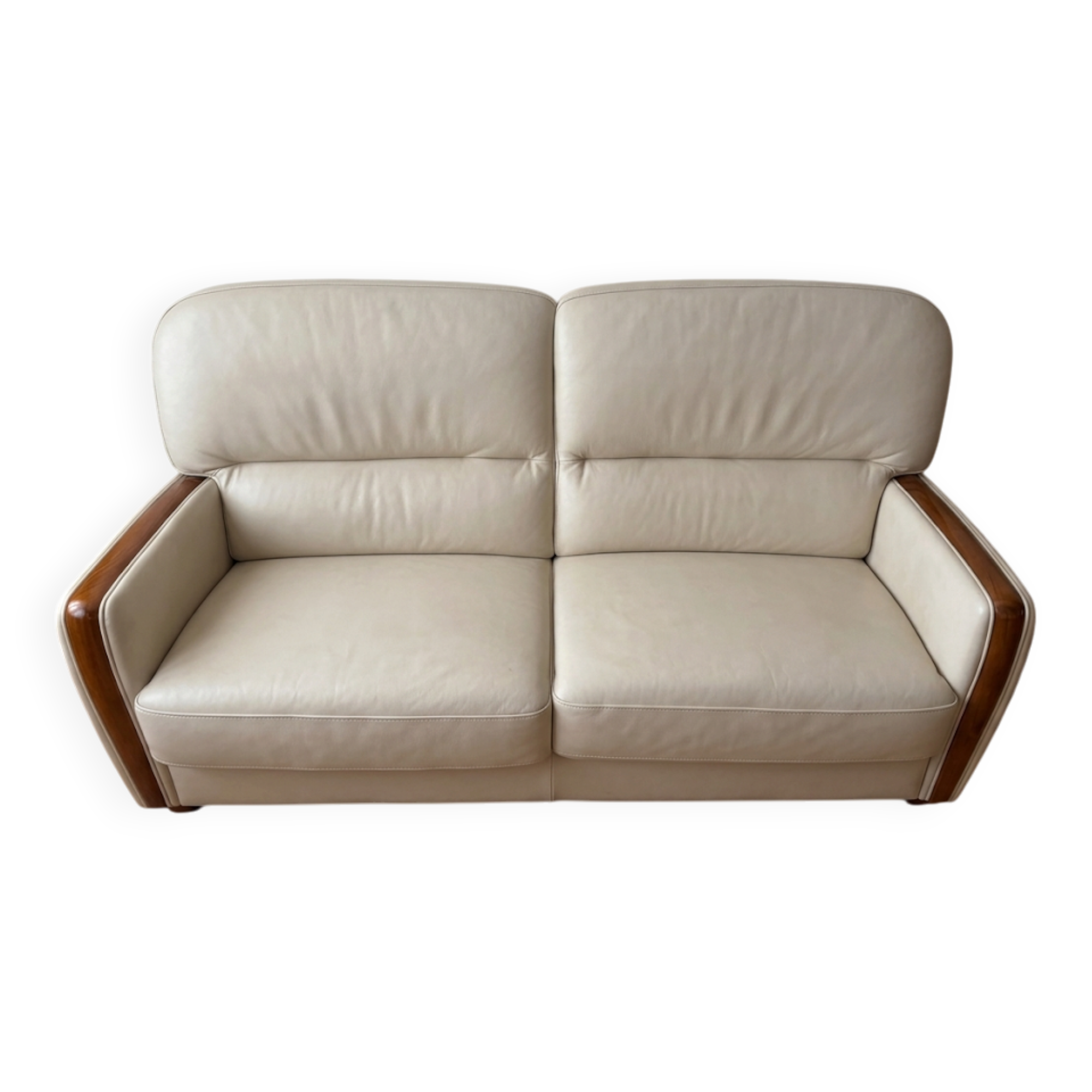 Beige leather sofa with solid wood frame